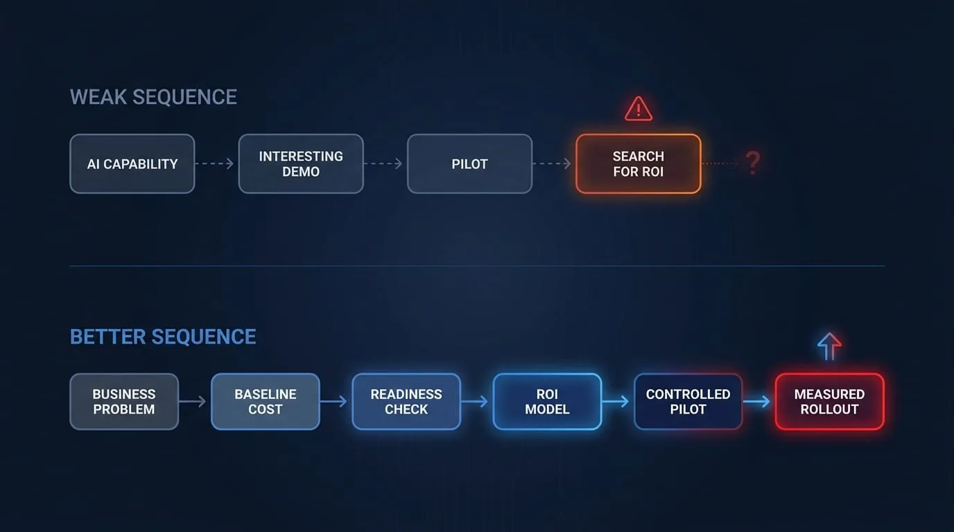 Weak sequence vs better sequence: AI capability to interesting demo to pilot to search for ROI compared against business problem to baseline cost to readiness check to ROI model to controlled pilot to measured rollout
