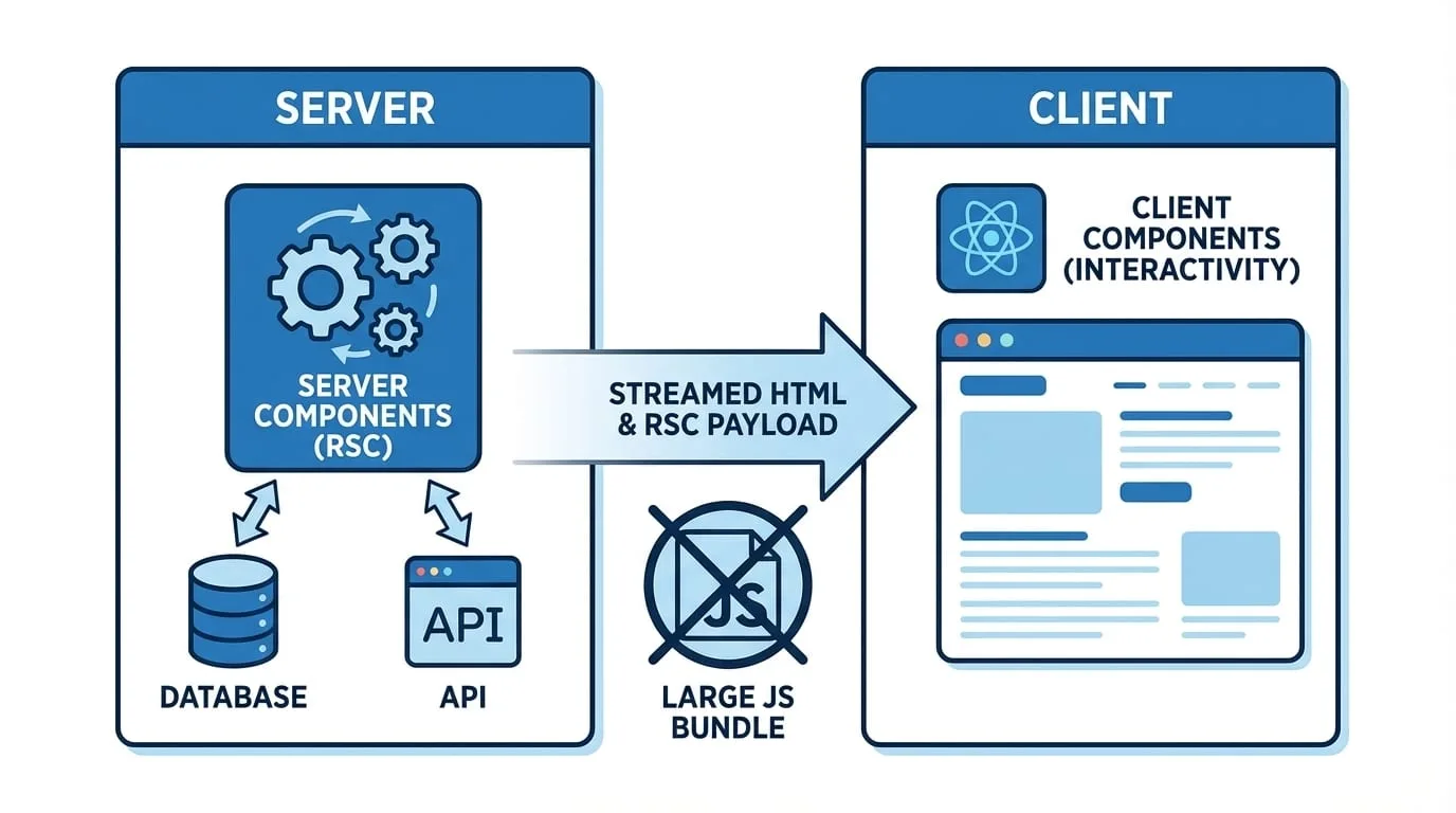 RSC architecture: server renders, client hydrates only interactive parts