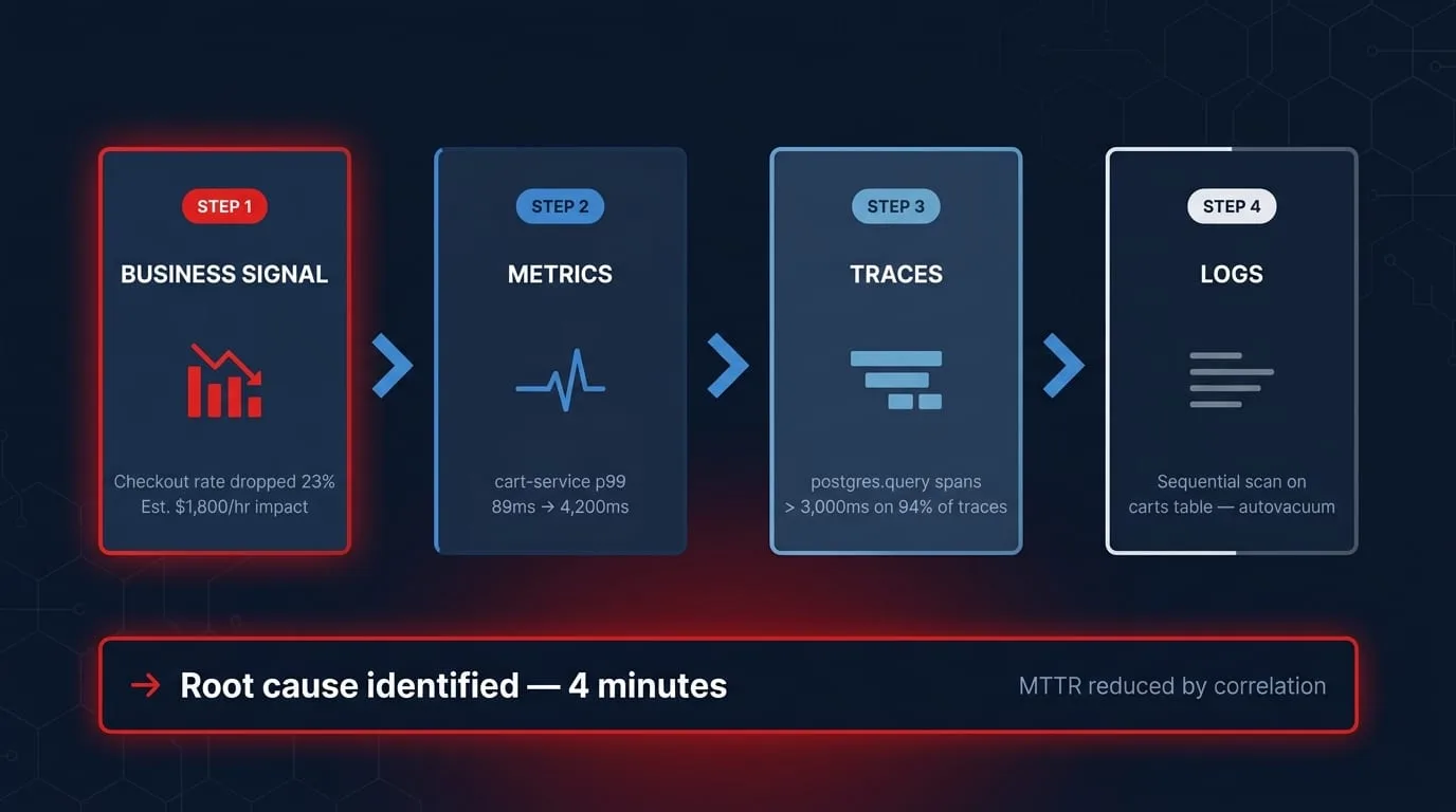 Four-step correlation flow: Business Signal to Metrics to Traces to Logs, root cause identified in 4 minutes