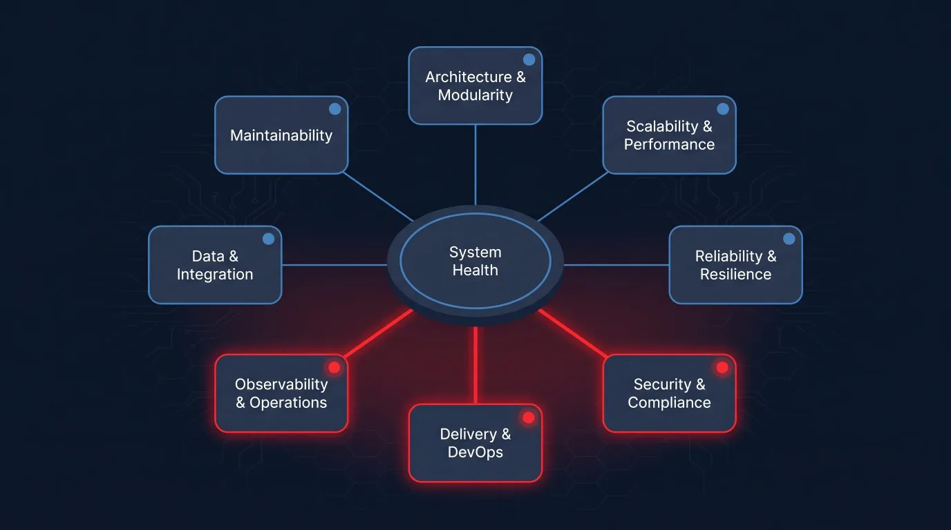 Eight architecture health dimensions arranged around a central system health core, with Security & Compliance, Delivery & DevOps, and Observability & Operations highlighted in red as the weak, high-risk dimensions pulling overall health down