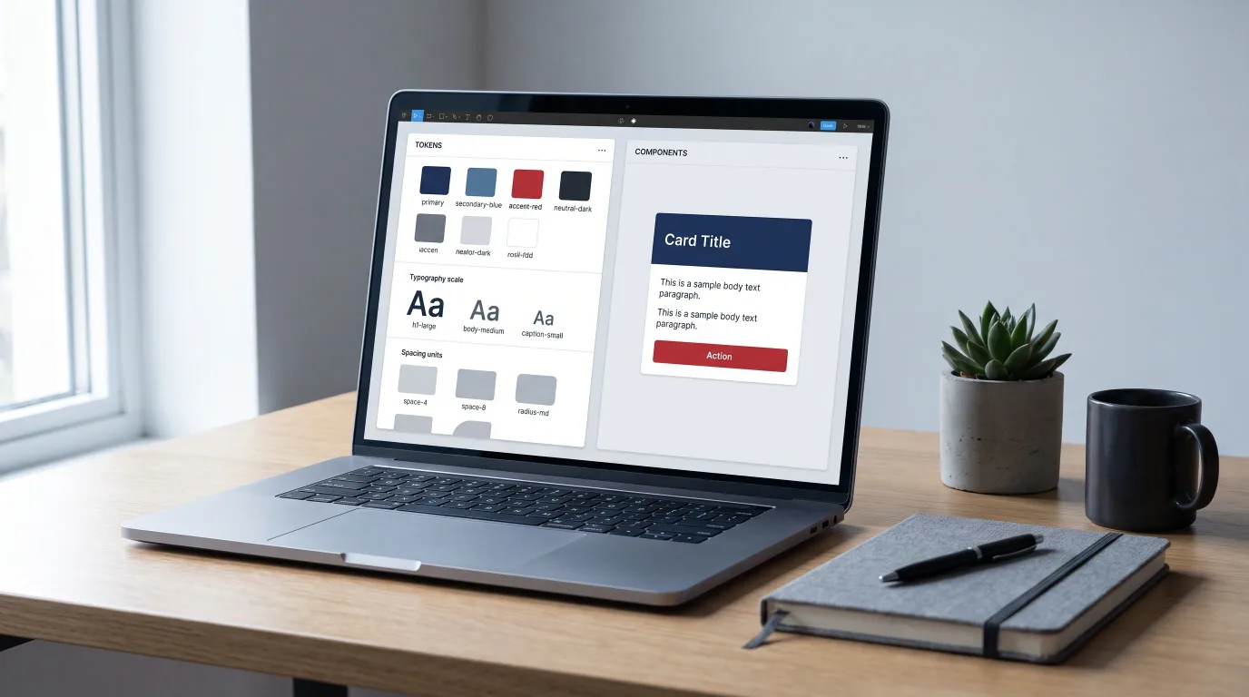 A design workspace showing tokens, colors, type scale, spacing, on one side of a screen assembling into a finished interface built from those same tokens on the other side