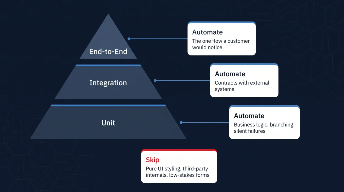 The three-tier testing pyramid, Unit, Integration, and End-to-End, each connected to what earns automated coverage at that layer, with a separate Skip card for pure UI styling, third-party internals, and low-stakes forms sitting outside the pyramid entirely